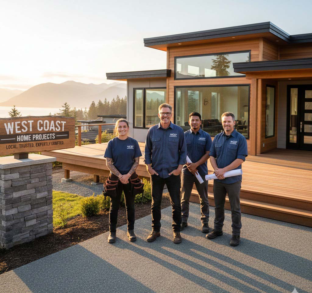 West Coast Home Projects team standing outside a modern custom home in Delta, BC